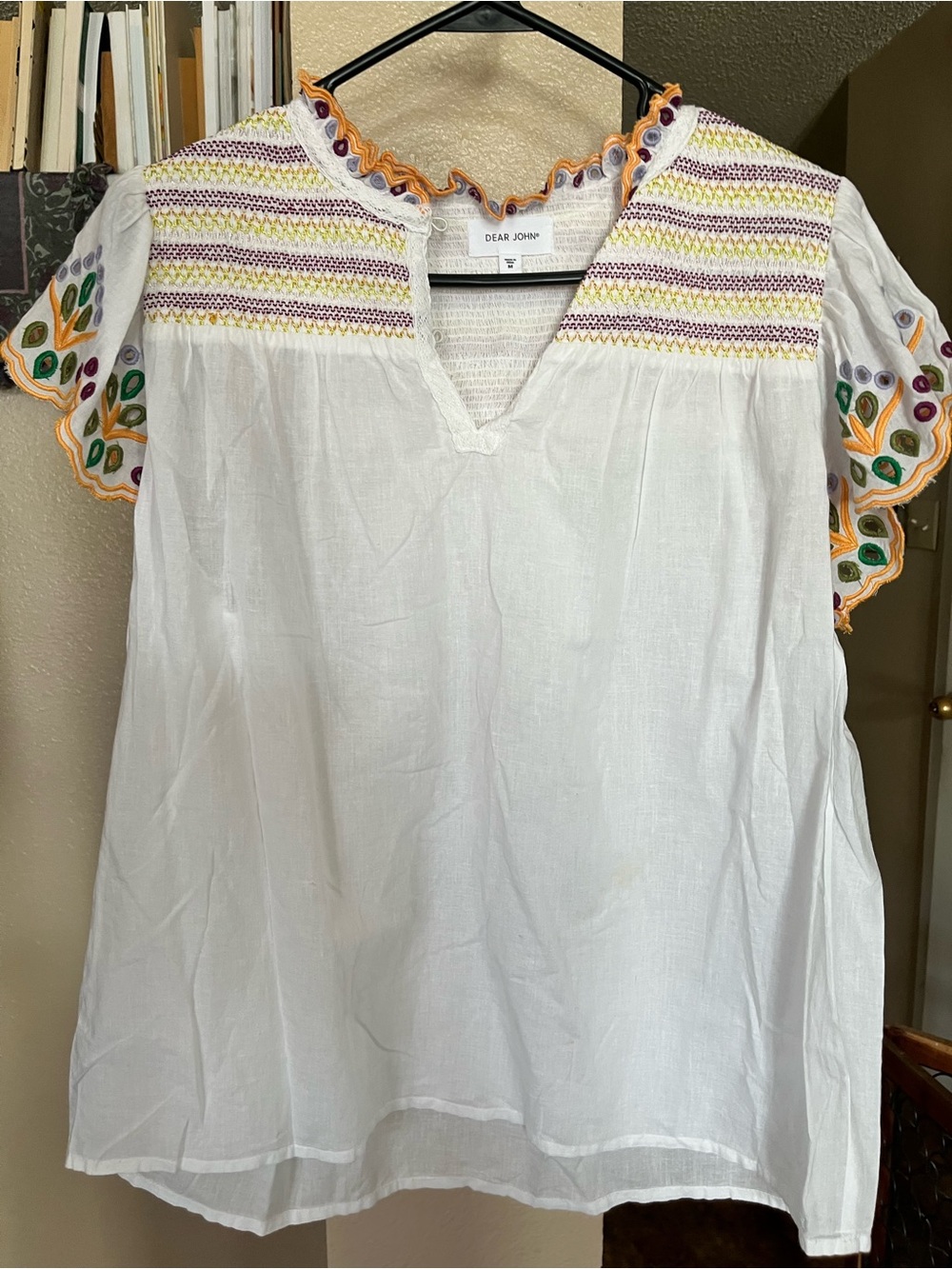 Dear John White Boho Embroidered Tunic with Yellow, Purple & Green Accents